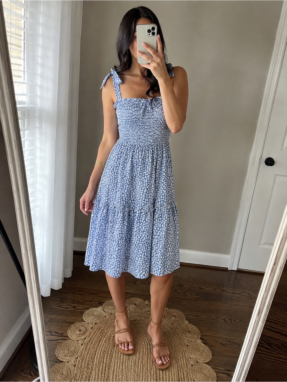 ZESICA Blue Floral Smocked Tie Strap Ditsy Midi Dress NWT Medium